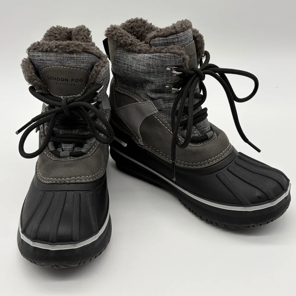 London Fog Croydon Kids Snow Boots Grey Black Faux Fur Lined Size 3 CL30204Y